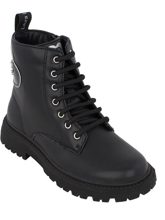 Anatomische Leder Kinderstiefel mit Schnürsenkeln Schwarz