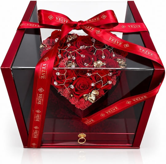 Set Premium De Lux Aranjament Inima Cu 13 Trandafiri Criogenați Set Bijuterii Eșarfă Fină În Cutie Roșie Sertar Plexiglas