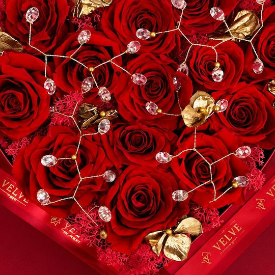 Set Premium De Lux Aranjament Inima Cu 13 Trandafiri Criogenați Set Bijuterii Eșarfă Fină În Cutie Roșie Sertar Plexiglas