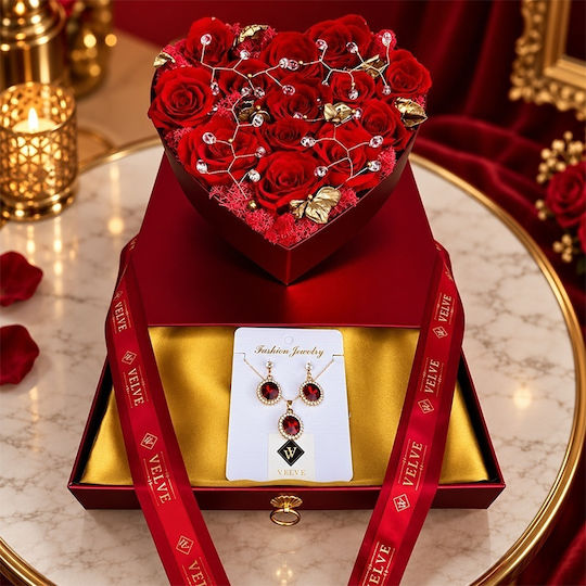 Set Premium De Lux Aranjament Inima Cu 13 Trandafiri Criogenați Set Bijuterii Eșarfă Fină În Cutie Roșie Sertar Plexiglas
