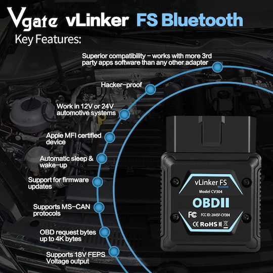 Vgate Vlinker Fs Bluetooth Obd2 – Professional Car Diagnostic Adapter Compatible Ios Android Windows Supports Forscan Ecu Programming Ms-can Protocols