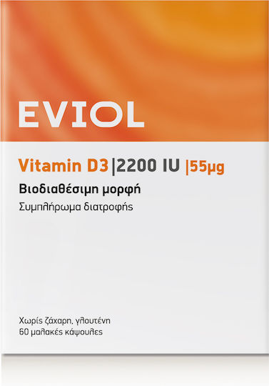 EVIOL Vitamin D3 Vitamin für die Stärkung des Immunsystems und die Gesundheit der Knochen 2200 IE 60 Weiche Kapseln