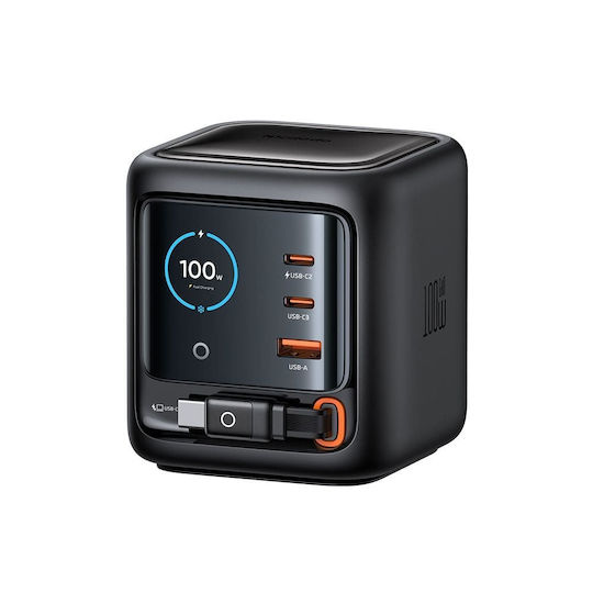 Mcdodo Mcdodo Handyladegerät mit Eingebautem Kabel GaN mit USB-A Ausgangsanschluss und 2 USB-C Ausgangsanschlüsse USB-C 100W Stromlieferung Schwarz