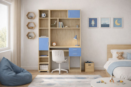 Birou pentru copii cu Bibliotecă Albastru deschis 140x55x180cm