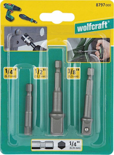 Wolfcraft Set 3 Adaptoare Pentru Prize 1/2 3/8 Inch 1/4 Inch Hexagonal Stem