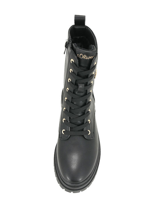 Leather Women's Combat Boots with Medium Heel Black