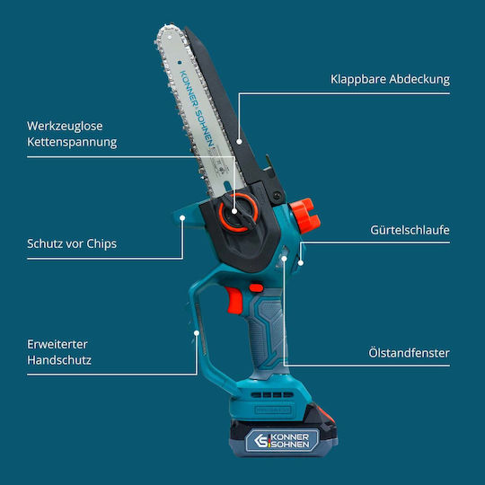 Könner & Söhnen Battery Pruning Chainsaw 1x2Ah Brushless 20V 1.45kg with 20.32cm Blade