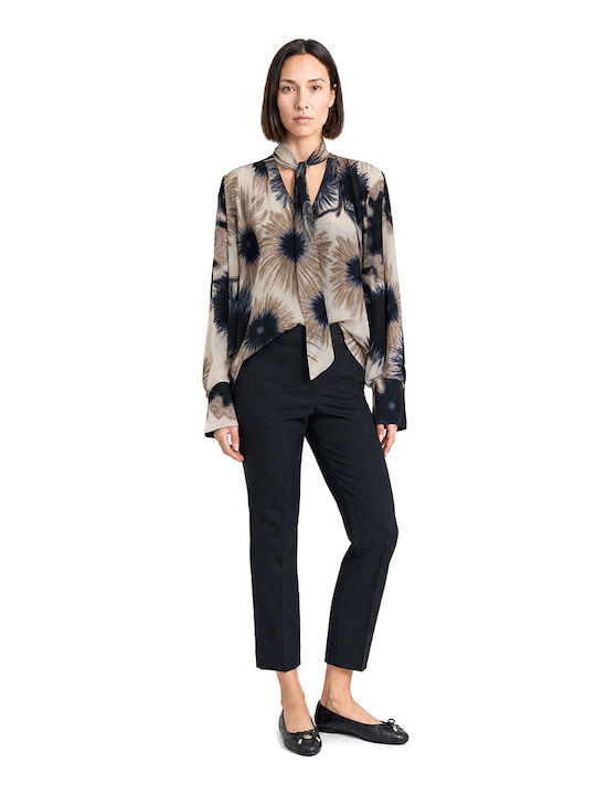 Women's Long Sleeve Blouse with V-Neck Beige-Blue