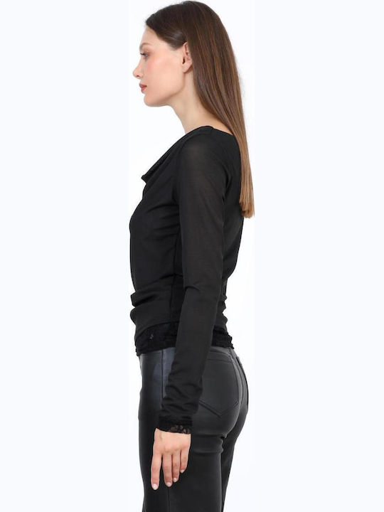 Damen Bluse mit Ausschnitt Lächeln Schwarz
