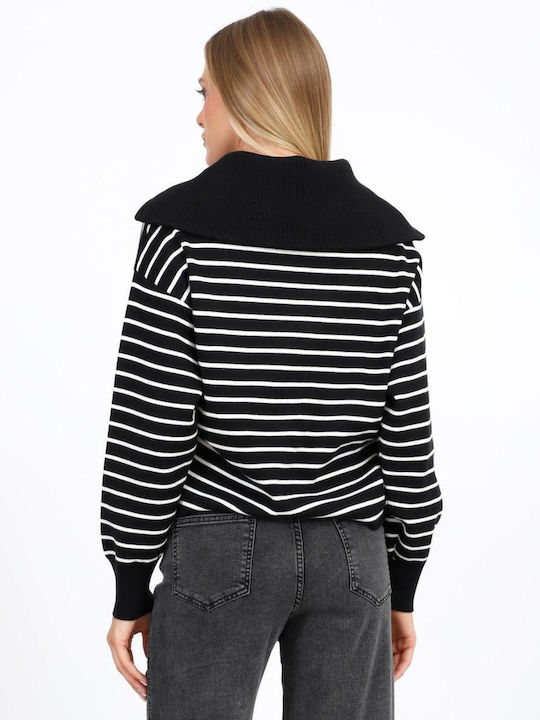 Women's Sweater with Zipper Striped Black