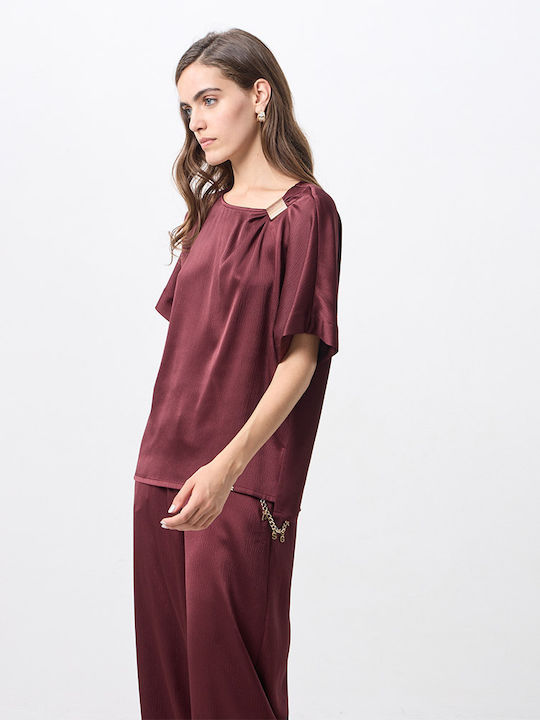 Damen Crop Top Satin Kurzärmelig Burgundisch