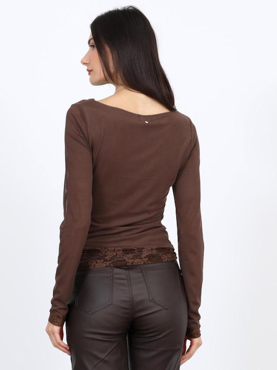 Damen Bluse mit Ausschnitt Lächeln Braun