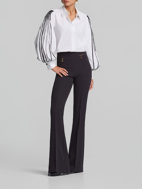 Women's High Rise Fabric Flared Trousers in Regular Fit Black