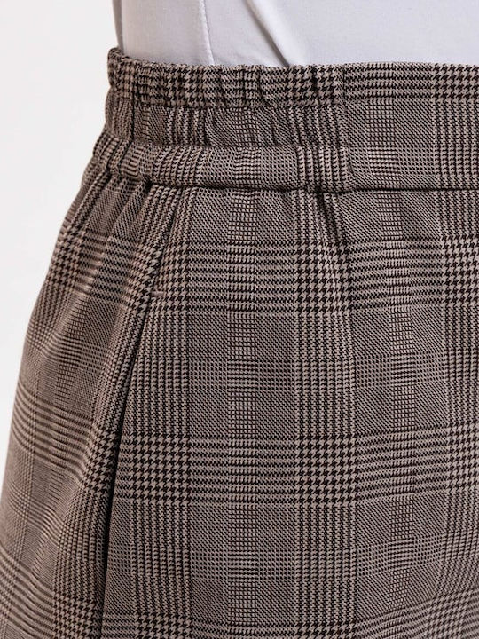 Women's High Waist Fabric Trousers in Straight Checked Beige