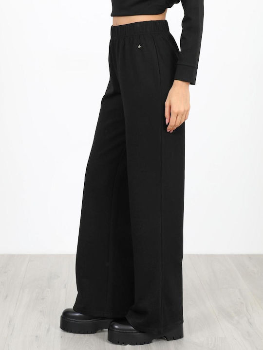 Women's Fabric Trousers with Elastic in Straight Line Black