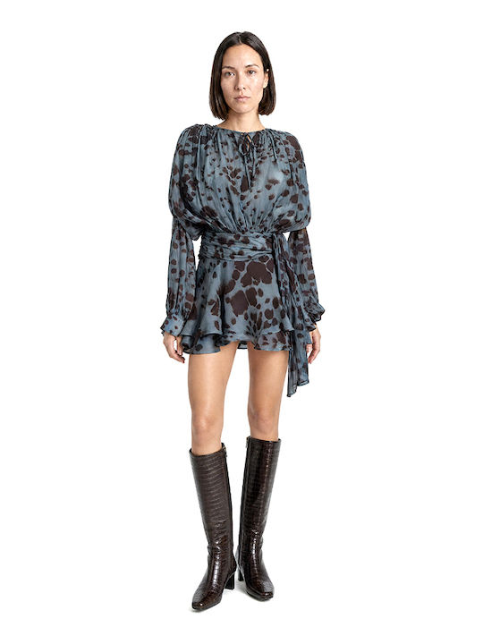 Summer Mini Shirt Dress with Ruffles Brown- Teal