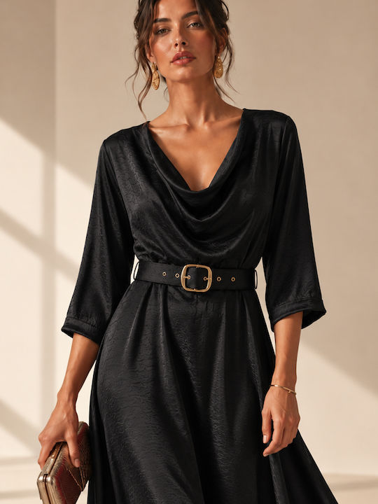 Summer Maxi Evening Satin Drape Black Dress