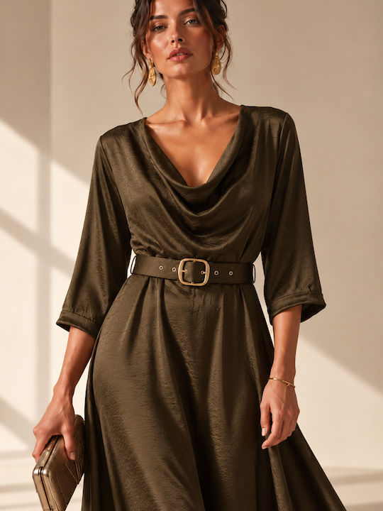 Summer Evening Shirt Dress Satin Drape Brown Cigar