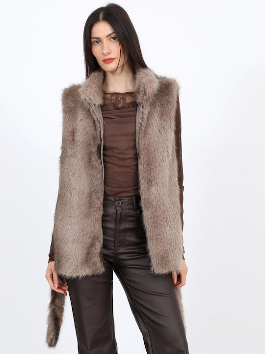 Ärmellose Kurze Damenpelz Beige