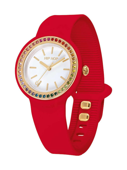 HipHop Women's Watch Battery with Red Rubber Strap