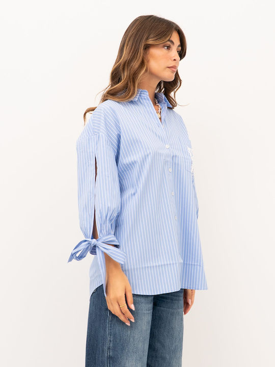 Long Sleeve Women's Denim Shirt Light Blue Striped