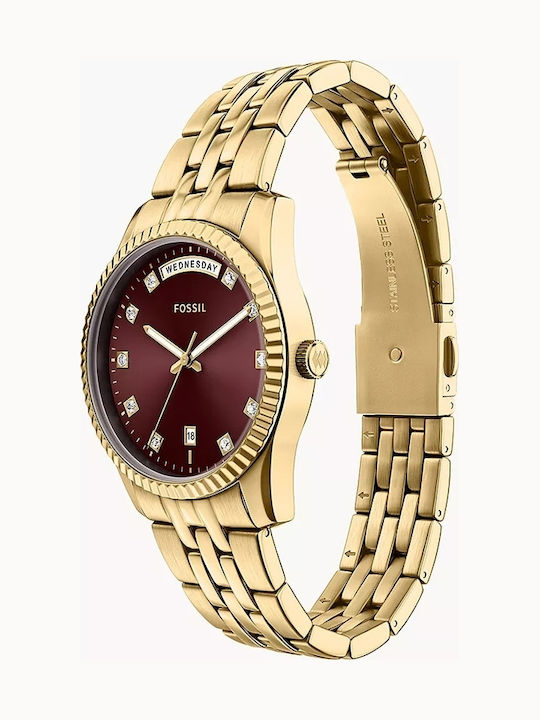 Scarlette Three Hand Date Womens Watch 34mm Battery With Gold/Burgundy Steel Bracelet