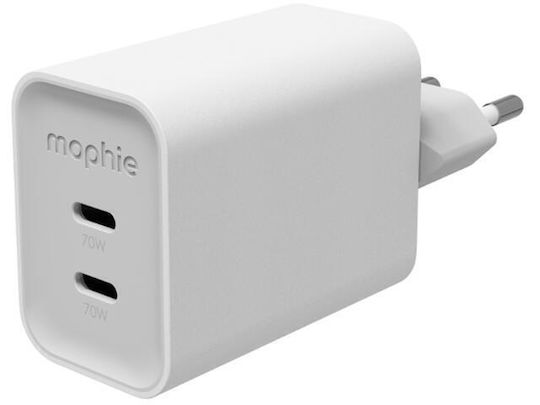 Mophie Безжично GaN зарядно устройство с 2 USB-C порта 70 W Power Delivery, бяло (ROC 2025)
