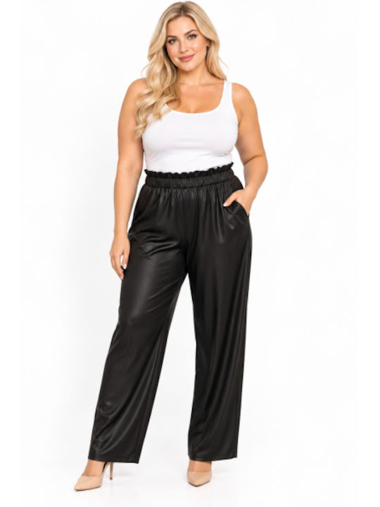 Women's Leather Pantaloons with Elastic in Regular Fit Black WH-41517-27TR-BLACK