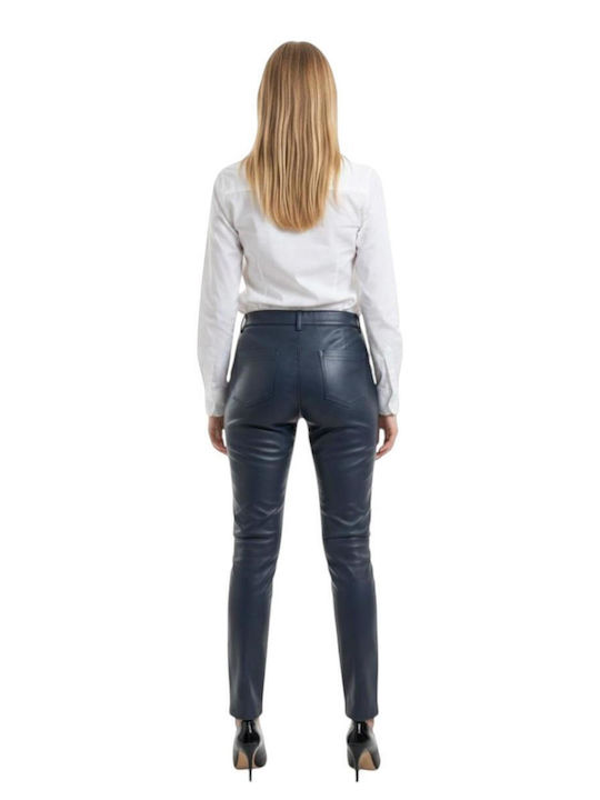 Women's Leather Trousers in Straight Leg Style Blue