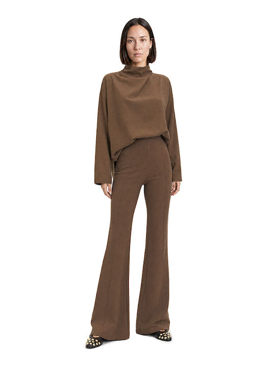 MY T Women's Fabric Flared Trousers with Elastic Camel