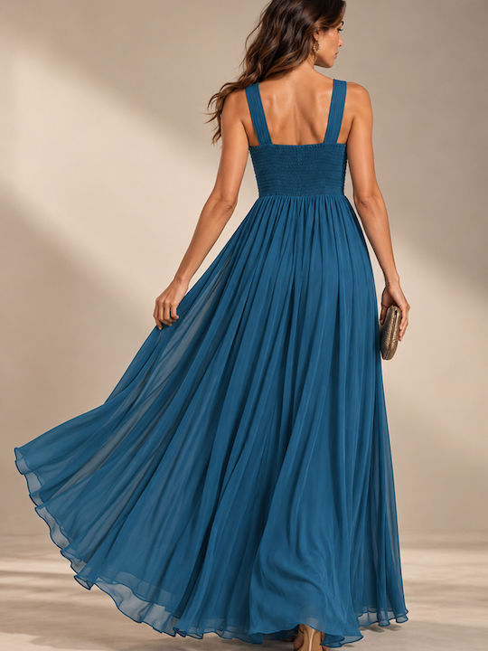 Summer Maxi Evening Satin Petrol Blue Dress