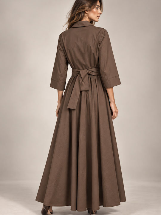 Maxi Shirt Dress with 3/4 Sleeve Wrap Brown Tobacco