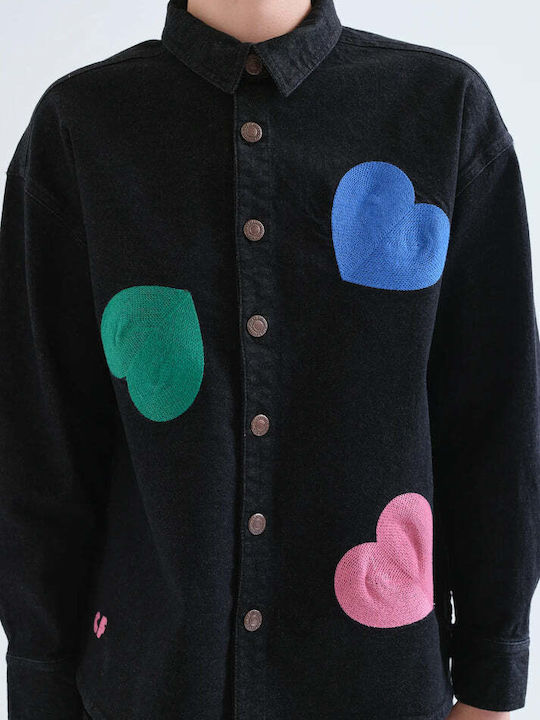Long Sleeve Women's Denim Half Button Shirt Black