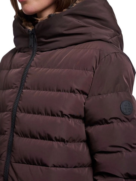 Дълго Дамско Puffer Яке за Зима Кафяв Леопард
