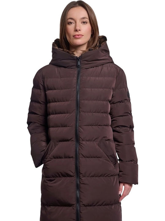 Дълго Дамско Puffer Яке за Зима Кафяв Леопард