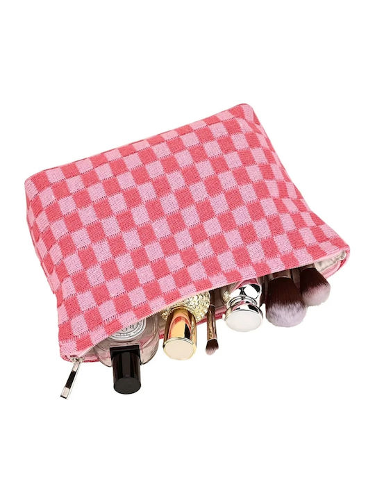 Toiletry Bag Cosmetic Case Knitted Lining Zipper Checked Pink Fuchsia