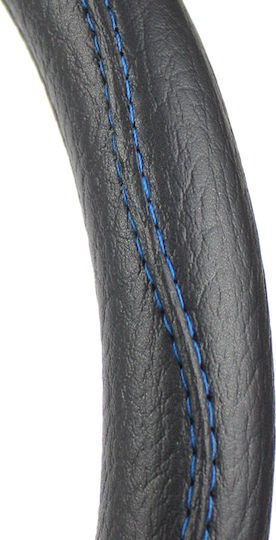 Slip-on Steering Wheel Cover Eco Leather Black Smooth Blue Stitching 38cm