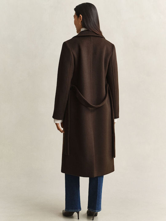 Wool Women's Coat Brown with Belt