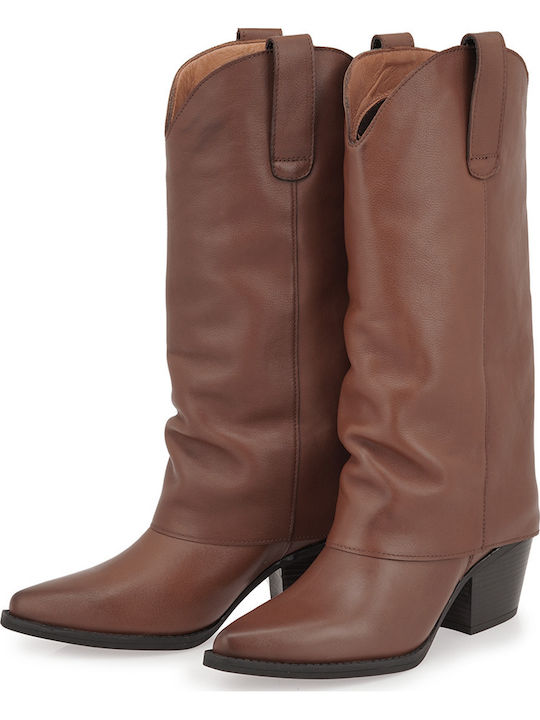 Damenstiefel aus Leder mit Mittelhohem Absatz Tabac