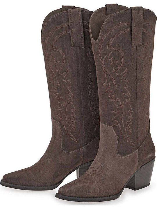 Wildleder Damenstiefel Cowboy mit Mittelhohem Absatz Braun