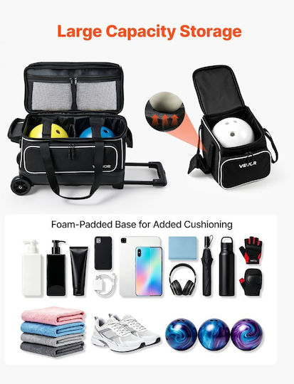 Торба за боулинг Vevor за 3 топки Двойна торба с колела Отделно място за обувки Обувки за боулинг до мъжки размер 16 САЩ Торба с колела Калъф Аксесоари Сгъваема дръжка Разтяга се до 40 инча