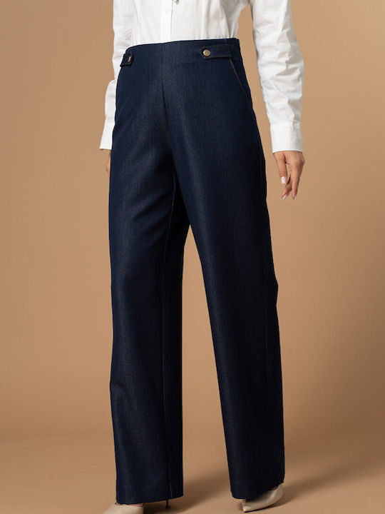 Lidya Women's High Rise Fabric Trousers in Wide Leg Style Navy Blue