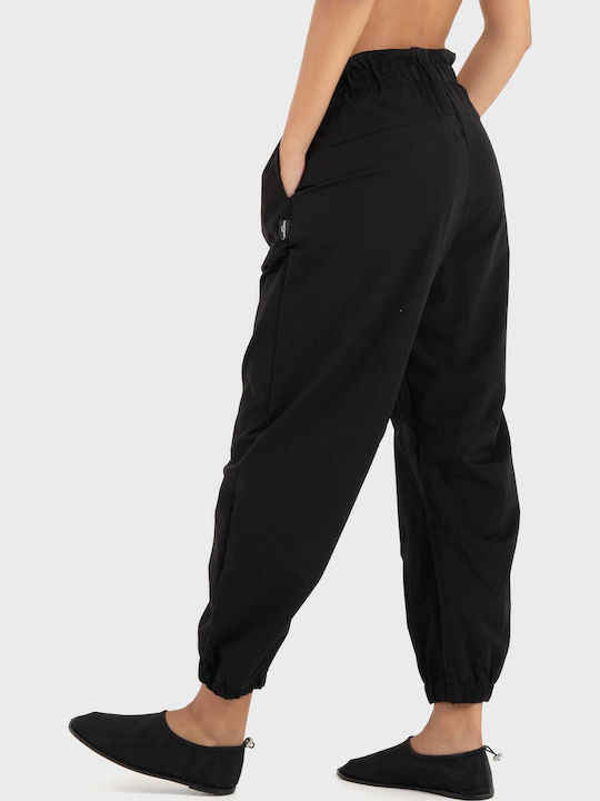 Women's High Rise Fabric Trousers with Rubber Band in Paperbag Fit Black