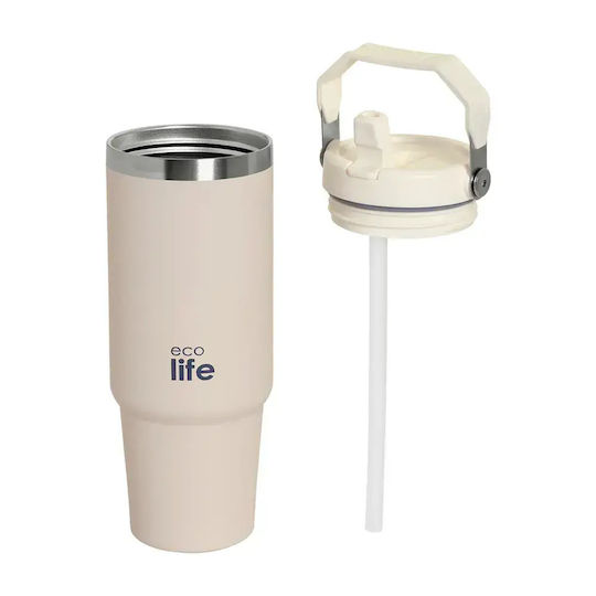 Ecolife Recyclable Thermos Bottle Stainless Steel / Aluminum BPA Free 900ml Light Rose with Handle and Straw