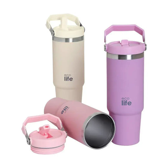 Ecolife Рециклируема Чаша Термос Неръждаема Стомана / Алуминий Без BPA 900ml Лилав с Дръжка и Сламка
