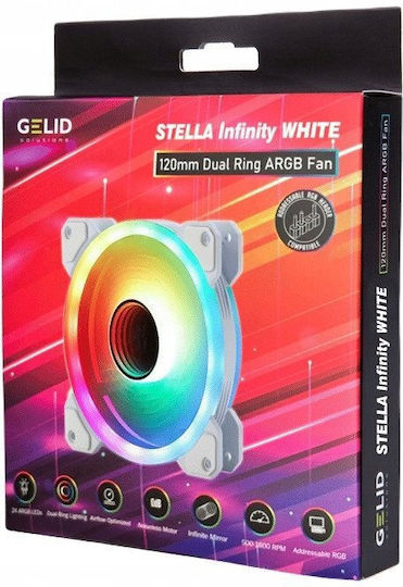 Gelid Solutions Stella Infinity Бял Вентилатор за кутия 120mm (1600rpm / 70cfm) с ARGB Осветление и Свързване 4-Pin PWM Бяло Издание