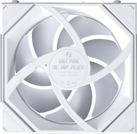 Lian Li Uni Fan Sl-inf Flex 120mm Обратен Обратен Blade Вентилатор за кутия (2200rpm / 65.7cfm) с ARGB Осветление и Свързване 4-изводна ШИМ Бял