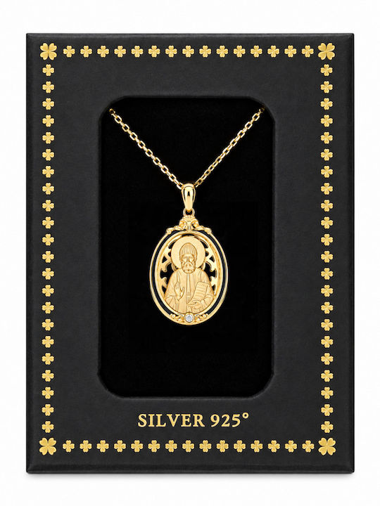 Ulysses Silver Pendant “Saint Paisios” Silver 925 14k Gold Plating Black Enamel Chain Gold Plated Silver 925