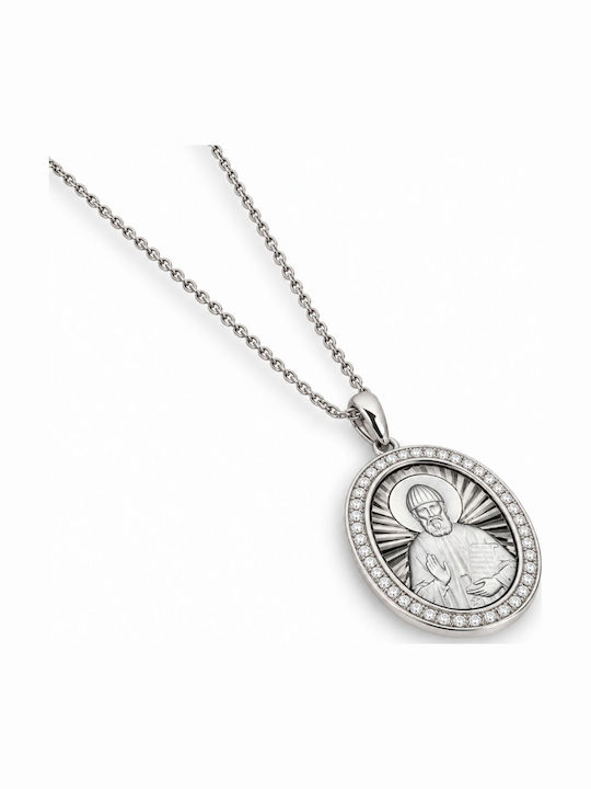 Ulysses Silver Pendant “Saint Paisios” Rhodium Plated Silver 925 Zircon Silver 925 Chain