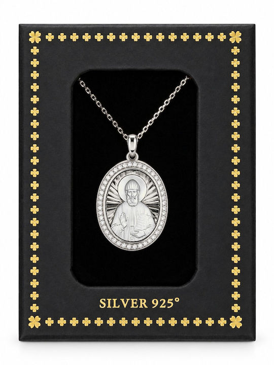 Ulysses Silver Pendant “Saint Paisios” Rhodium Plated Silver 925 Zircon Silver 925 Chain